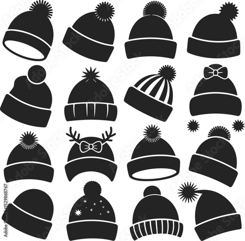 Diverse Winter Hat Silhouettes Collection Featuring Beanies, Pom-poms, Stripes, Bows, and Festive Designs for Cold Weather Apparel and Fashion