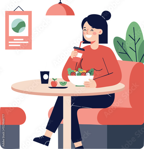 Woman enjoying healthy salad and juice at cafe table with modern interior design 