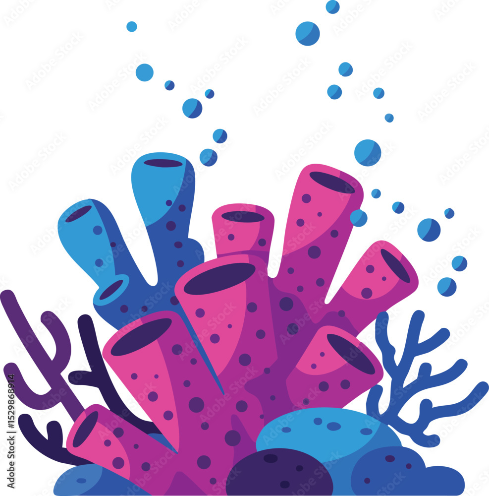 Obraz premium Colorful underwater coral reef with purple and blue tube sponges vector illustration 