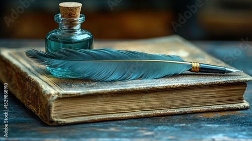 Antique book, quill, and ink bottle