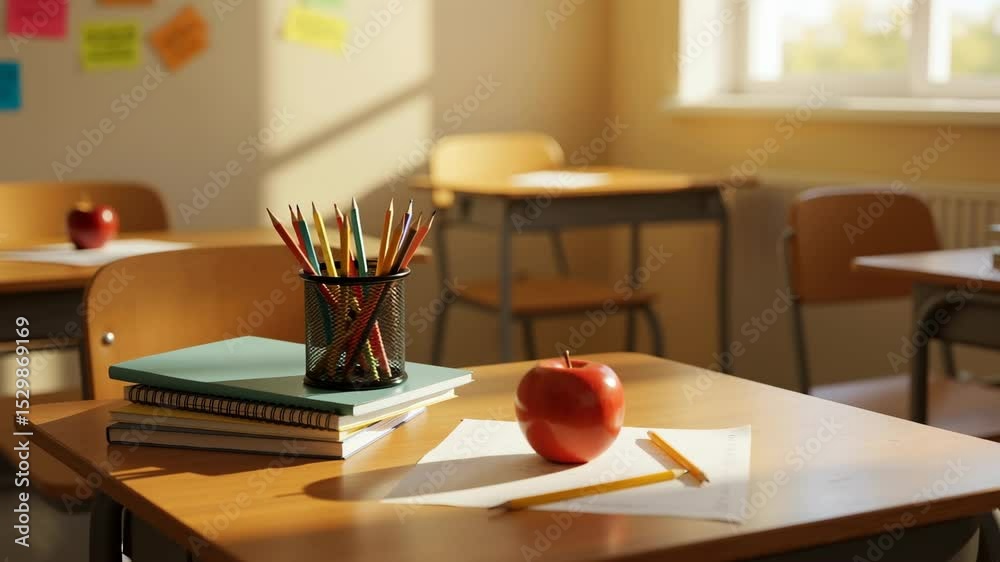 School supplies with red apple on wooden desk in classroom setting. Books pencils arranged for educational learning environment. Academic preparation concept for back to school season