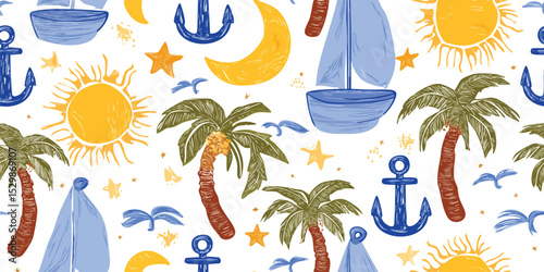 Charming Nautical Beach Theme Seamless Pattern. Summer Sailboat Palm Tree Anchor Ocean Design trendy design, textile, packaging, fabric, wallpaper, branding, stationery, wrapping paper interior decor.