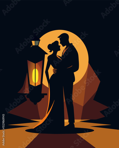 The shadows of two lovers holding each other illuminated by the warm glow of a lantern.. Vector illustration