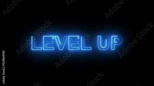 Level up neon text animation, on black screen 4k video.