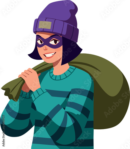 Female cartoon thief with purple hat and striped sweater carrying large sack vector illustration 