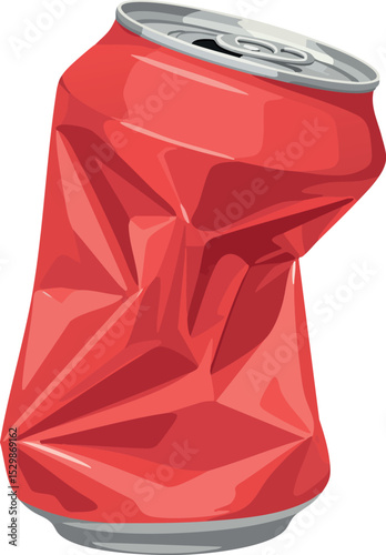 Crushed red aluminum can vector illustration with metallic top and bottom details 