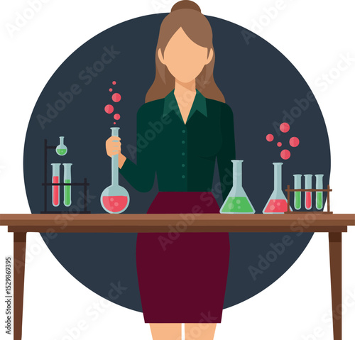 Female scientist conducting chemistry experiments with colorful liquids in laboratory vector illustration 