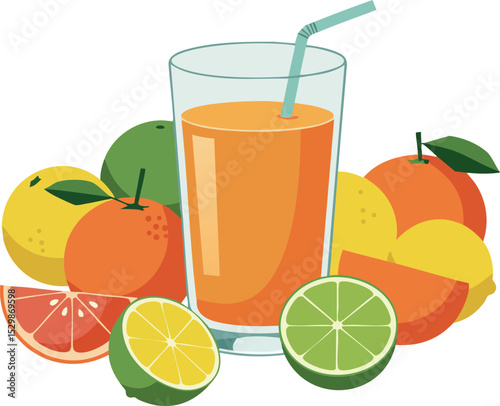 Fresh citrus fruits and glass of orange juice with straw vector illustration 