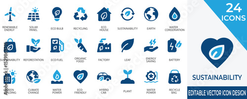 A modern filled icon set representing green living, renewable energy, and environmental conservation. Perfect for illustrating sustainable practices, Eco initiatives, and climate-conscious concepts.