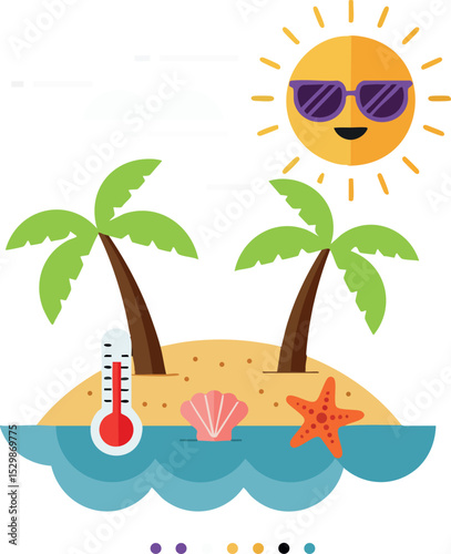 Tropical island with smiling sun and palm trees summer vacation vector illustration 