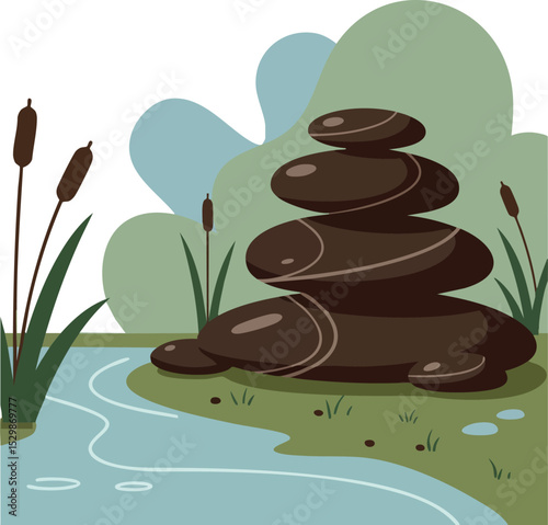 Stacked brown stones near river with green plants and cattails natural scene vector illustration 