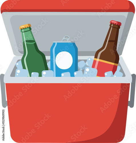 Cooler box filled with ice and assorted beverage bottles and can vector illustration 