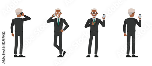Black businessman in grey suit with glasses character design. Man using talk, play and watch mobile phone flat vector illustration.
