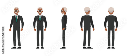 Black businessman in grey suit with glasses front, side and back view character flat vector illustration design. Presentation in various action.