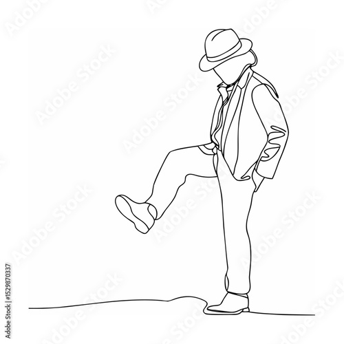 Elegant one line drawing of a man in a hat striking a confident pose