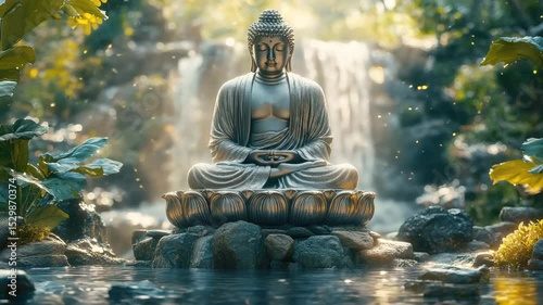Serene Buddha statue in a tranquil Asian garden, reflecting in a pond, used for meditation or spirituality