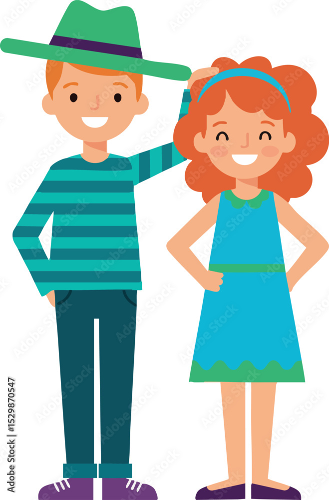 Smiling boy with green hat and girl in blue dress standing together vector illustration Smiling boy with green hat and girl in blue dress standing together vector illustration