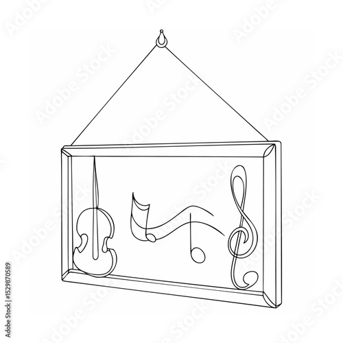 Elegant line art composition of a violin music notes and treble clef within a frame