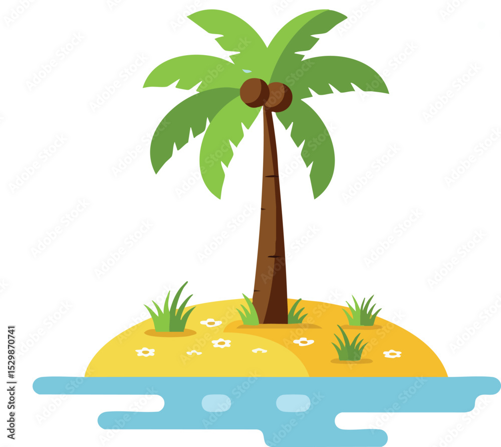 Fototapeta premium Tropical palm tree on small island with coconuts surrounded by water vector illustration 