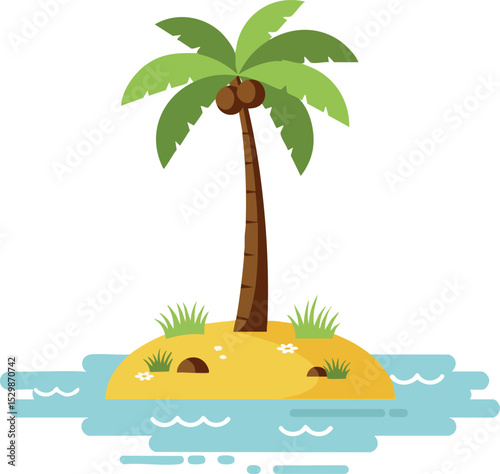 Tropical palm tree on small sandy island with coconuts and blue water vector illustration 