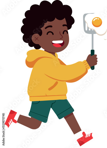 Happy boy running with fried egg on frying pan playful kid cooking breakfast vector illustration 