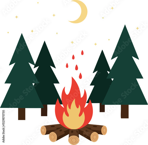 Campfire with pine trees moon and stars night forest outdoor scene vector illustration 