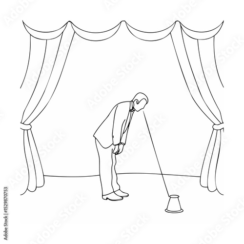 A bowing man on stage contemplating a cone drawn with simple lines