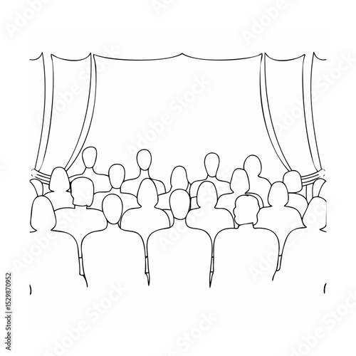 Black and white illustration of an audience watching a stage behind a curtain.