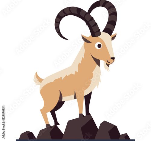 Mountain goat standing on rocks with curved horns vector illustration natural wildlife animal 