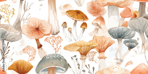 Earthy Watercolor Mushroom and Branch Seamless Pattern. Natural Forest Fungi Design for trendy design, textile, packaging, fabric, wallpaper, branding, stationery, wrapping paper interior decor