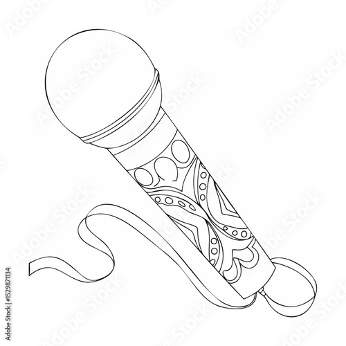 Detailed decorative outline drawing of a microphone with artistic ornamental patterns and ribbon