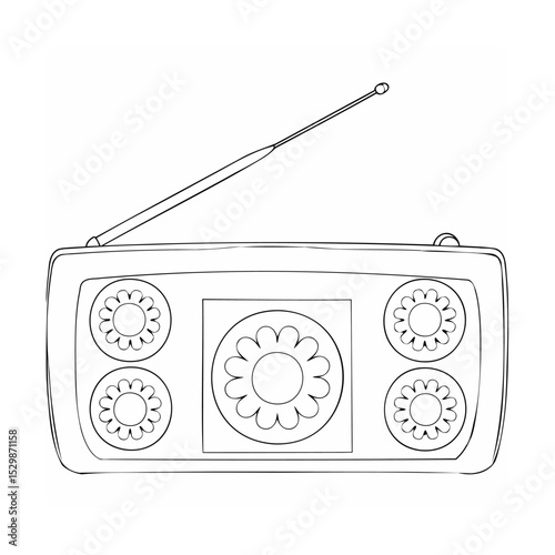 Line art vintage radio illustration with floral designs suitable for coloring and retro themes.