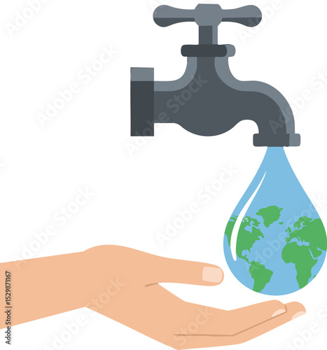 Water conservation concept with faucet and earth shaped water drop above hand vector illustration 