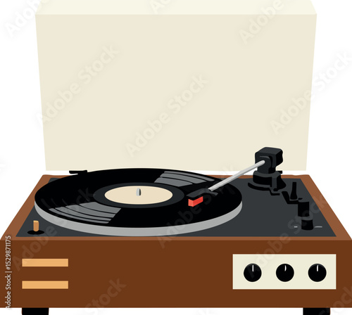 Vintage brown record player turntable with black vinyl disc vector illustration
