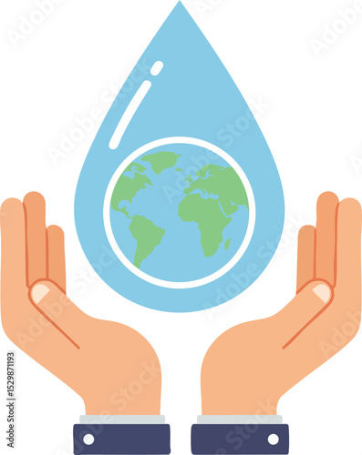 Hands holding water drop with earth globe inside eco conservation concept vector illustration 