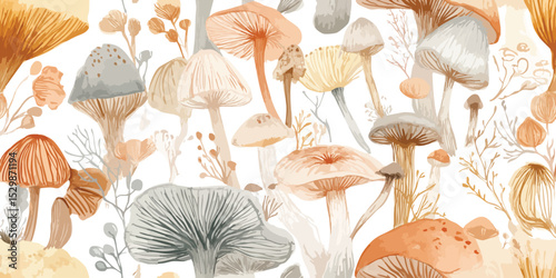 Earthy Watercolor Mushroom and Branch Seamless Pattern. Natural Forest Fungi Design for trendy design, textile, packaging, fabric, wallpaper, branding, stationery, wrapping paper interior decor