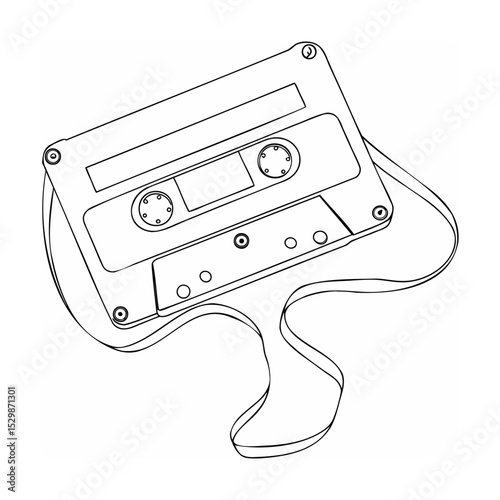 Black and white vector illustration of a classic audio cassette tape with details