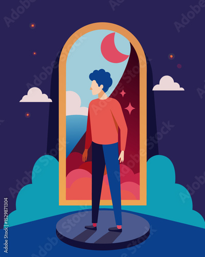 An illustration of a person standing in front of a funhouse mirror their reflection showing exaggerated and distorted features that they believe to be true.. Vector illustration