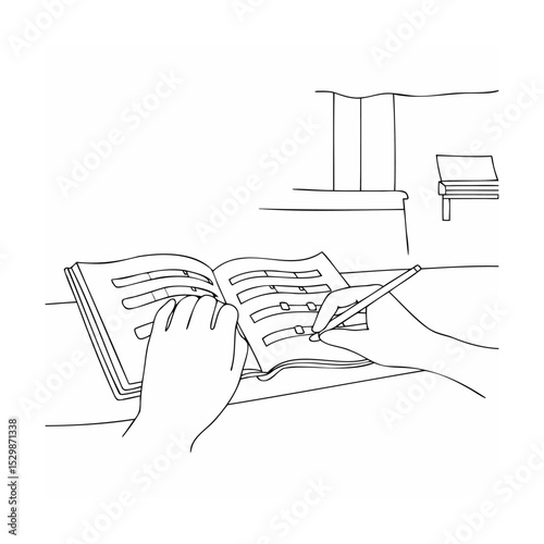Hand drawing music notes in a textbook with a pencil outlined simple vector illustration