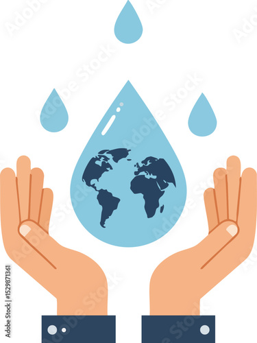 Hands Protecting Water Drop with Earth Globe Inside Blue Water Conservation Concept VECTOR 