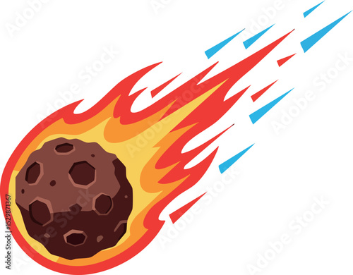 Meteor with fiery orange red flames falling with blue trail vector illustration 
