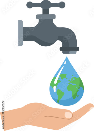Water conservation concept with earth shaped drop falling from faucet into hand vector illustration 