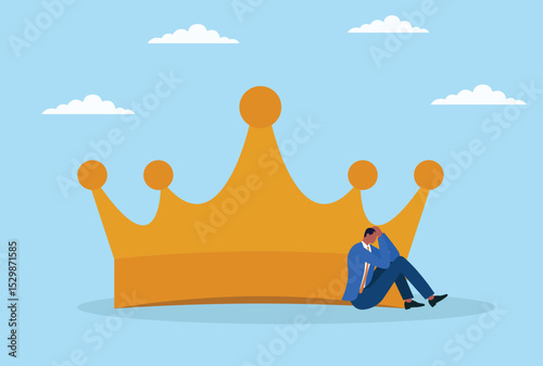 Vector illustration of a depressed businessman sitting beside a large crown, representing the loneliness, pressure, and emotional toll behind success and leadership
