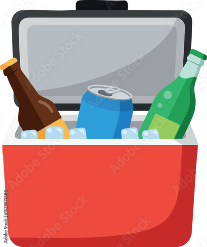 Cooler box with assorted beverage bottles and can on ice vector illustration