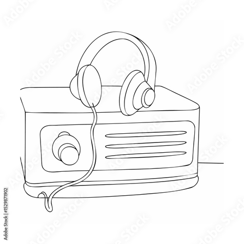 Simple black and white illustration of headphones resting on a retro style radio