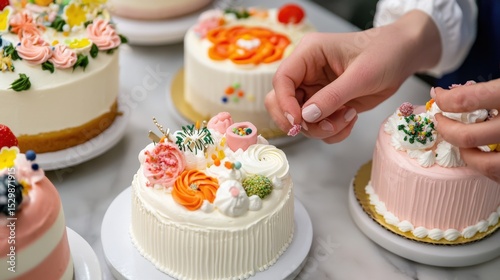Hands Decorating Cakes With Colorful Frosting And Decorative Elements