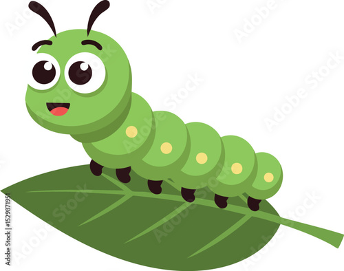 Cute green caterpillar on leaf vector illustration with smiling face and antennae 