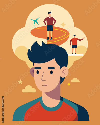 The young athletes mind was consumed with negative thoughts about his performance leading to a downward spiral of selfcriticism and defeat.. Vector illustration