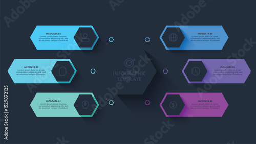 Creative concept for infographic with 6 steps, template for web on a black background.