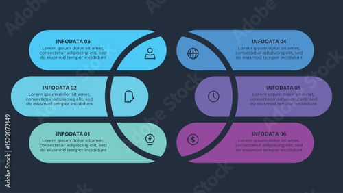 Creative concept for infographic with 6 steps, template for web on a black background.